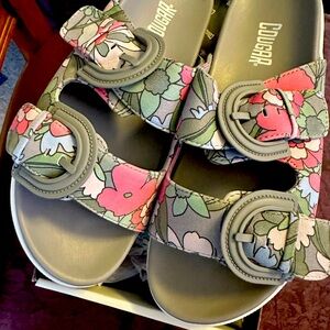 COUGAR grey floral multicolor leather buckle sandal slides size 9